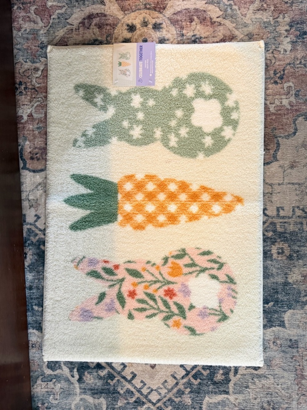 Cream Bath Mat with Green Floral Bunnies & Orange Carrot - Unknown Brand